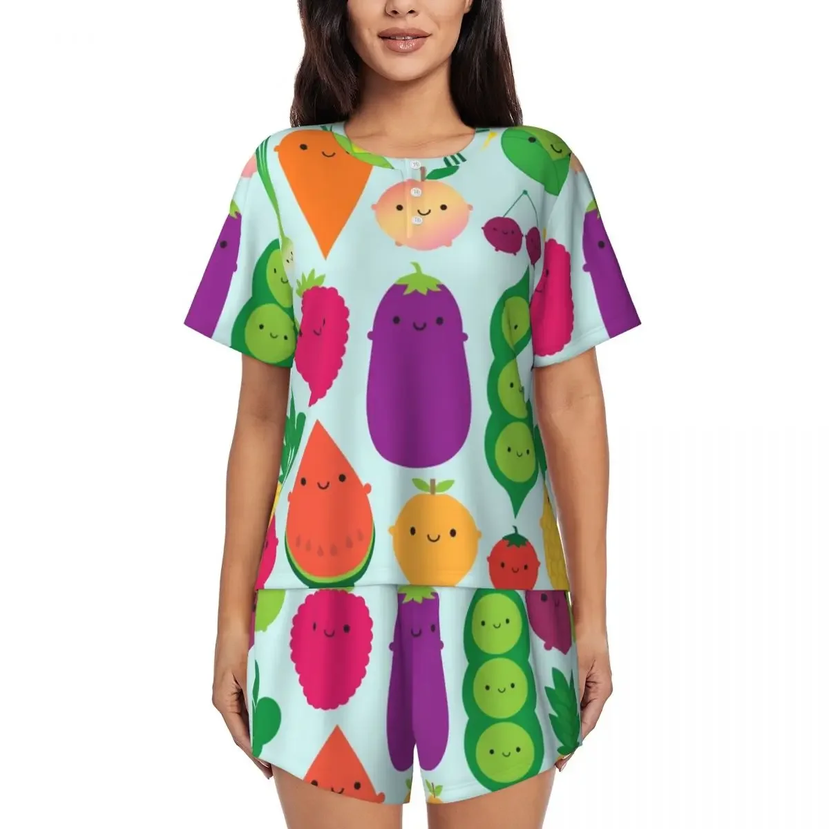 

5 A Day Fruit And Vegetables Round Neck Short Sleeves Nightdress for Sleeping Sleepshirts Women Loose Pajama Set Short Pants