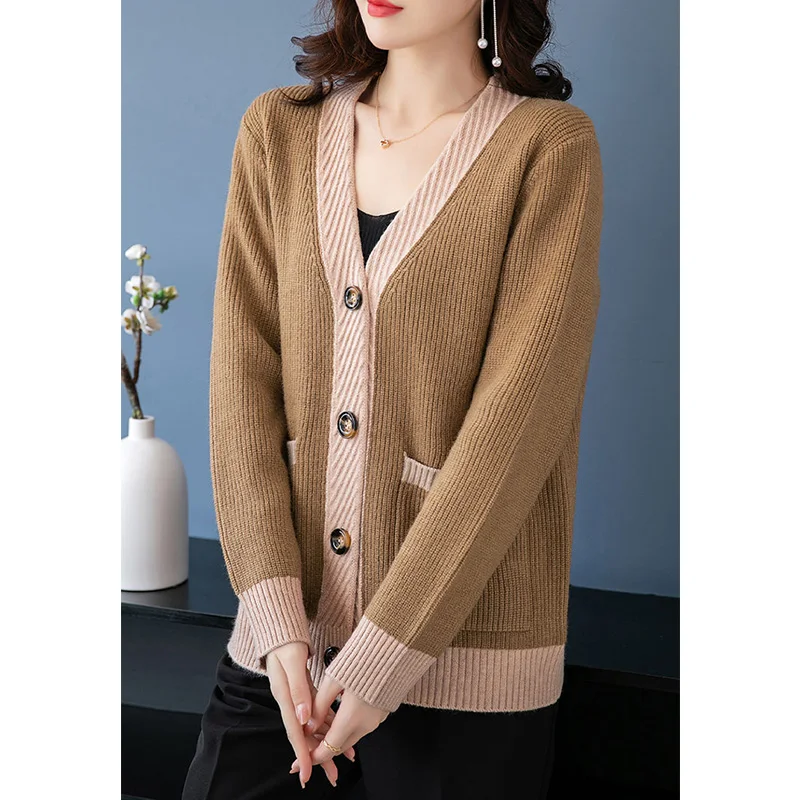 Spring and Autumn New Loose Button Colored Cardigan Women Korean Casual Fashion V-neck Thread Long Sleeve Sweater Knit Coat Top