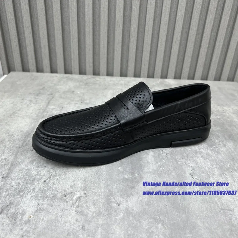 Men's Black Hollow Out Leather Loafers Breathable Slip On Non-Slip Casual Shoes Males Flats ﻿Vintage Handcrafted Men's Shoes
