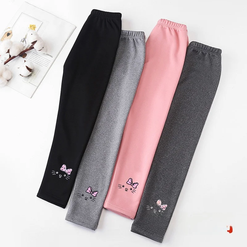 Girls Fleece Lined Base Layer Pants Autumn Winter Kids Cartoon  Color Toddler Girls Pure Color Cartoon Patterned Trousers