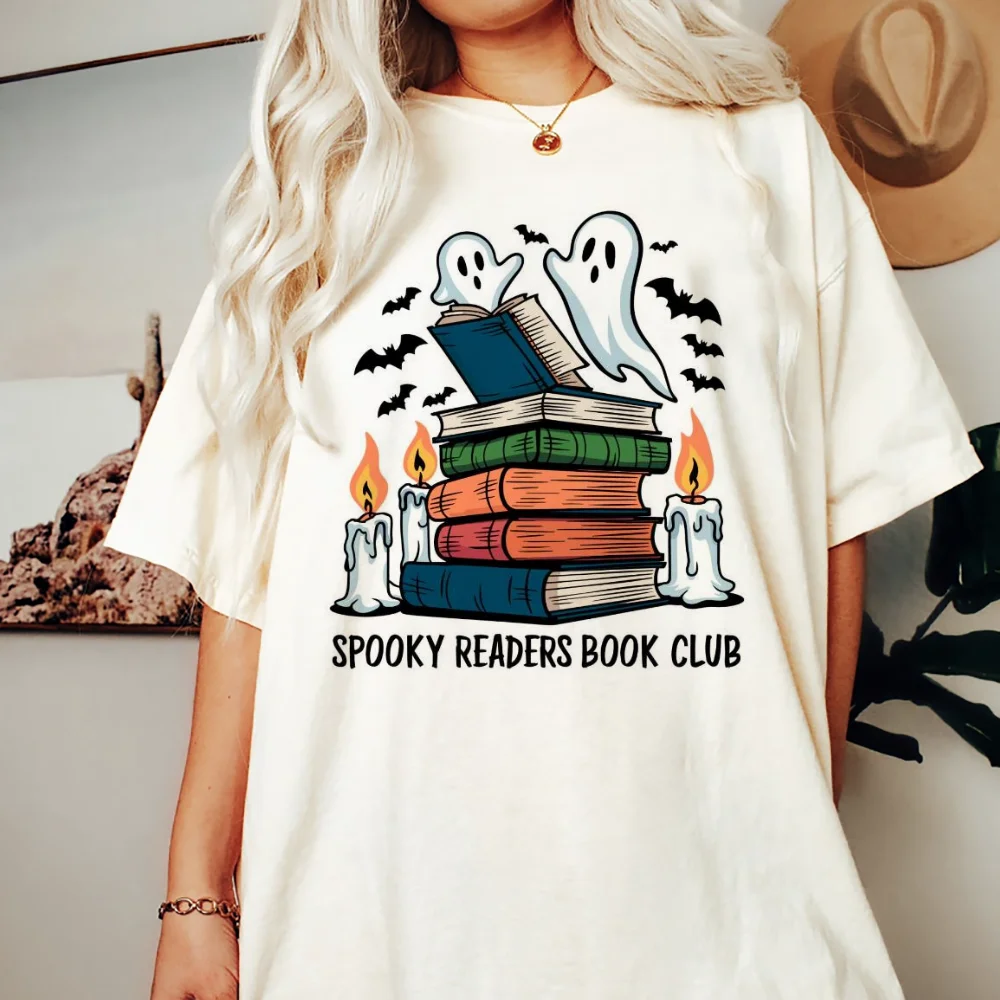 Spooky Readers Book Club Ghost Book Lover Printed Fun Versatile T-Shirt Street Short Sleeve Cartoon Pattern Summer Top T-Shirt