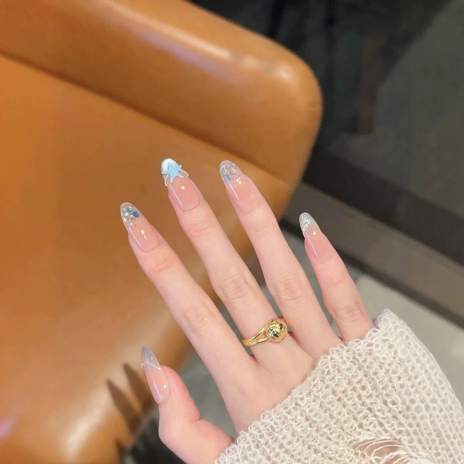 

10pcs Handmade Middle Oval Press On Nails Nude Pink Gradient Blue Star Glitter French Design Sweet Fake Nails Wearable Nails Art