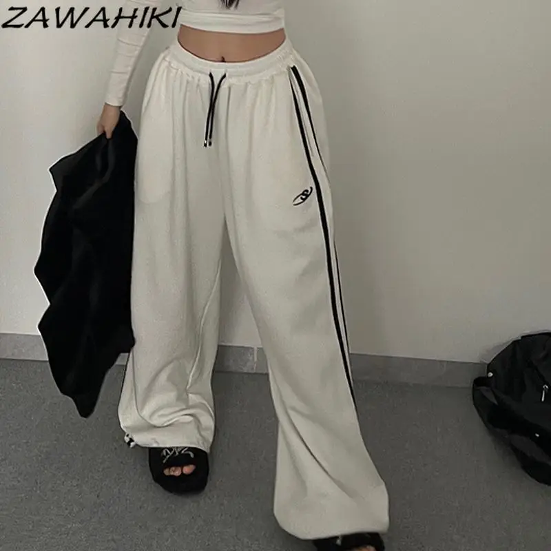 Sweatpants Women Spring Fall Loose Embroidery Wide Leg Casual Hiphop Fashion Sporty Joggers High Waist Teenagers Chic Trousers