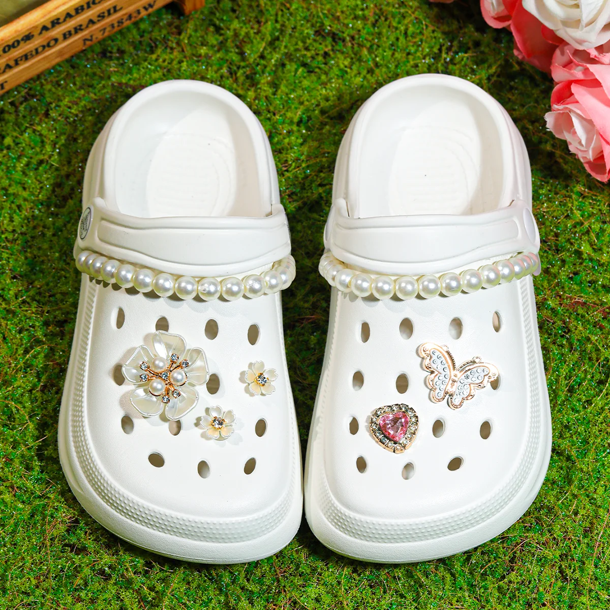 

Cute Clogs for Teens - Breathable Non-Slip EVA Garden and Beach Shoes with Sparkling Butterfly and Pearl Decorations, Lightweigh
