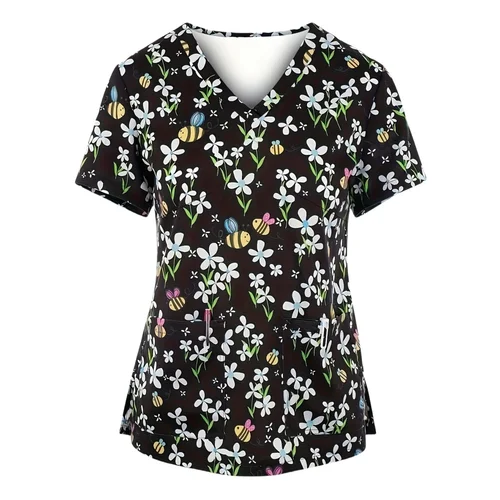 Imagen 2 del producto Uniforme clínico con estampado de dibujos animados para mujer, Tops de Médico Dental, cuello en V, camisetas de manga corta, uniforme quirúrgico