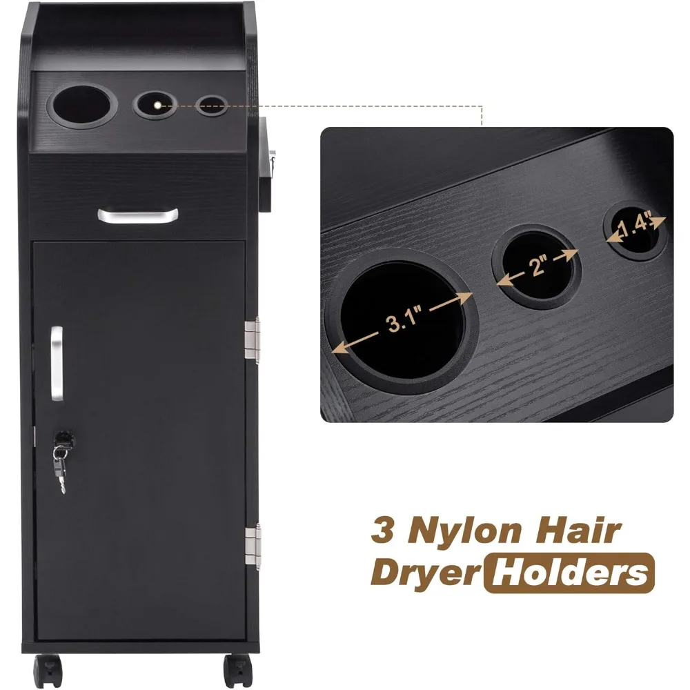 عربة تخزين لصالونات التجميل من BarberPub، حامل مجفف الشعر، معدات مصفف الشعر مع عجلات دوارة قابلة للقفل، درج (أسود)