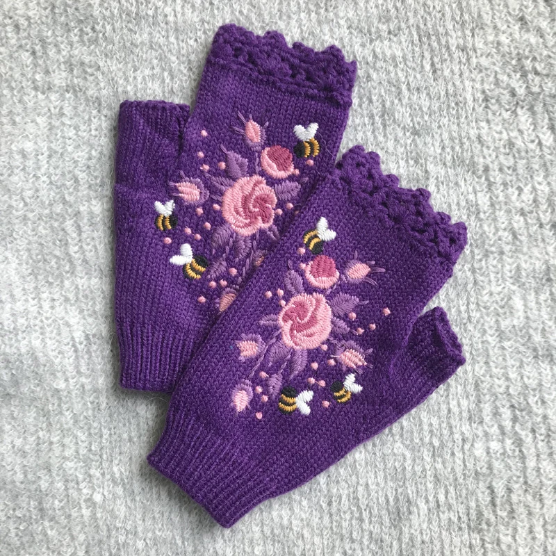 1Pair Women Winter Knitting Fingerless Gloves Floral Bee Embroidery Thumbhole Mittens Soft Warm Half Fingers Gloves Handschoenen