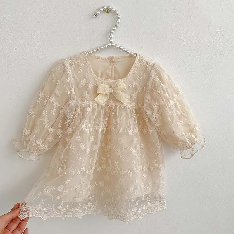 Autumn Newborn Infant Lace Mesh Bow Long Sleeve Princess Bodysuit Dress Girl Baby Sweet Cotton Embroidery Flower Fashion Dresses