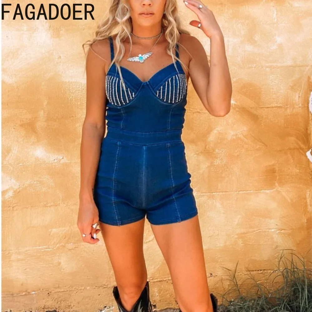 FAGADOER Fashion Denim Rhinestones Bodycon Rompers Women V Neck Thin Strap Sleeveless Slim Jumpsuits Female Cowboy Overalls 2024