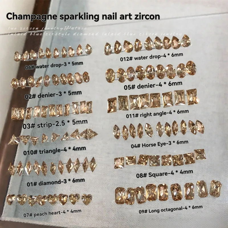 

1box Champagne Shiny Nail Art Zircons Pointed Bottom Crystal Decorations with Various Styles for Nail Design