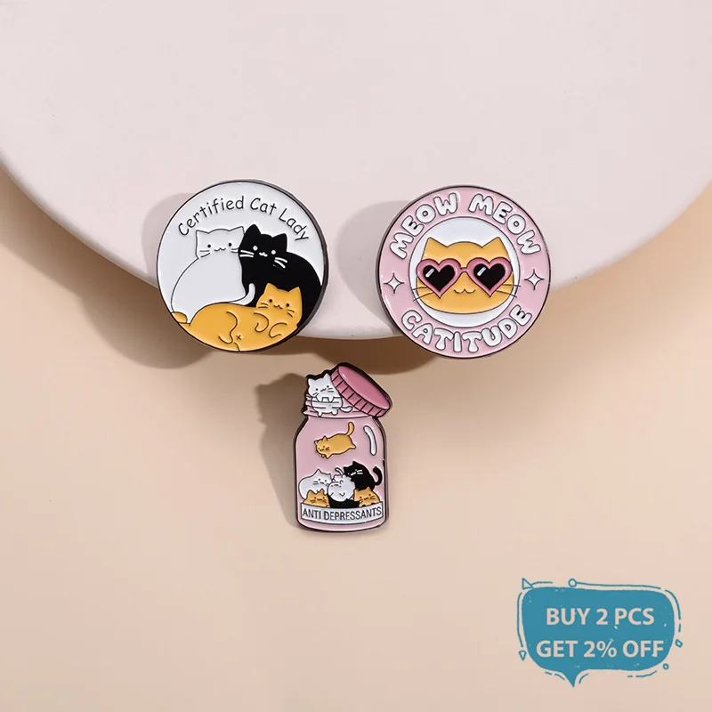 Certified Cat Lady Enamel Pin Cartoon Meow Catitude Anti Depressants Ainmal Brooches Lapel Badge Jewelry Gifts