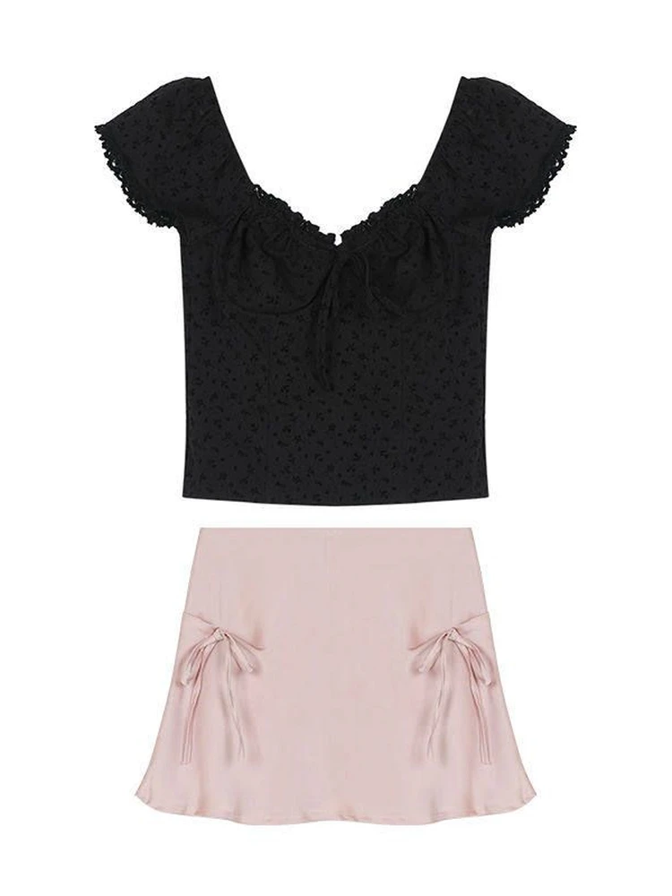 Sweet And Spicy Style Women's Summer Fashion Set Short Sleeve V-Neck Top And Half-Length Skirt Two-Piece Ensemble Casual Wear