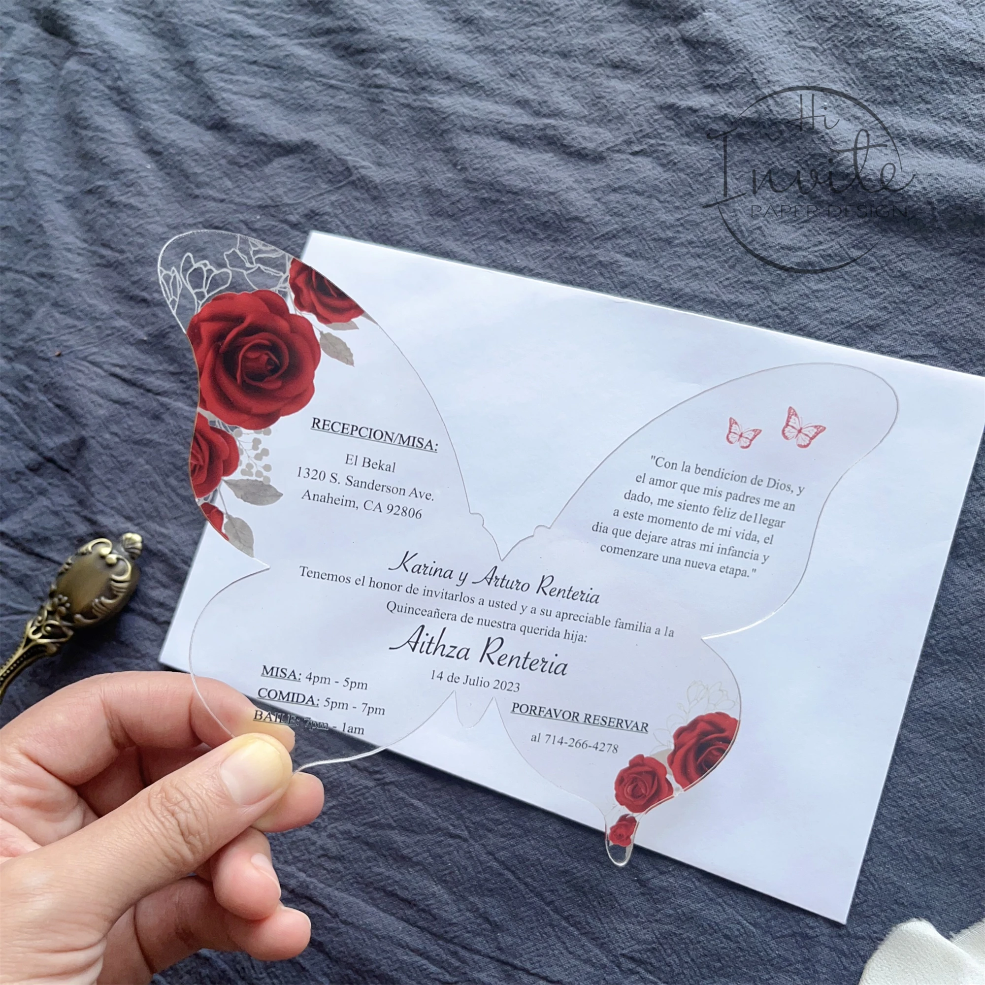 Red Rose Froral Butterfly Shape Acrylic Quinceañera Invitation, Personalize Your Modern XV Anos Invite And Envelope