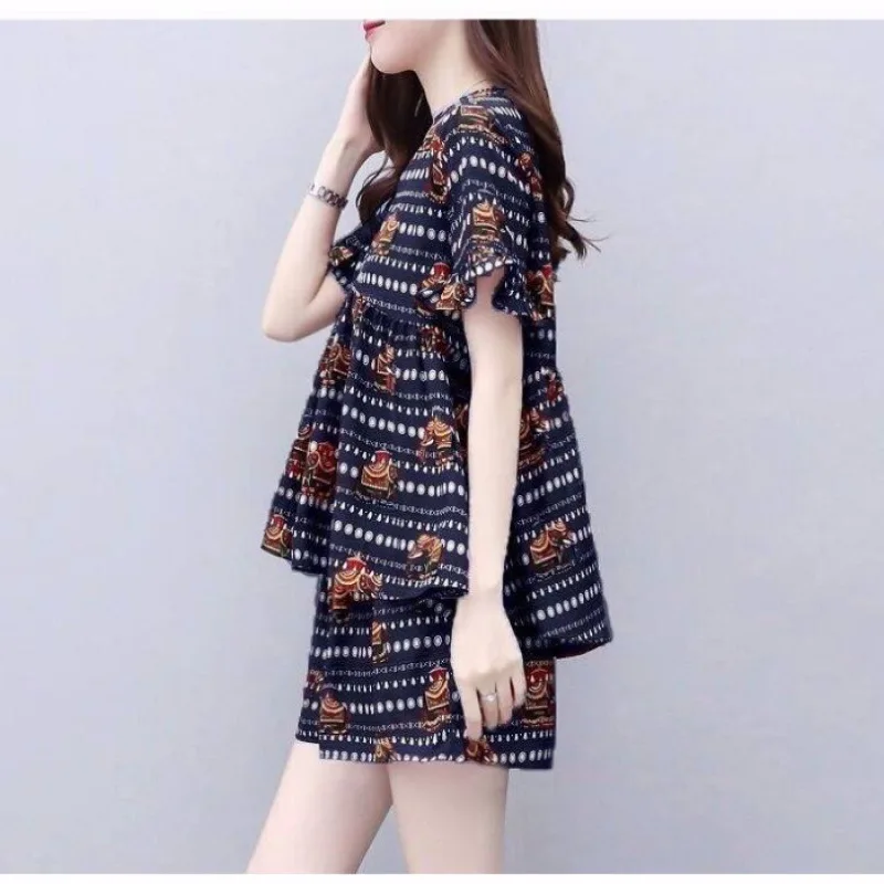 Vintage Casual Suit Female Summer New Literature Short Sleeved Shorts Casual Comfortable Fashion Loose Printing Two Piece Set