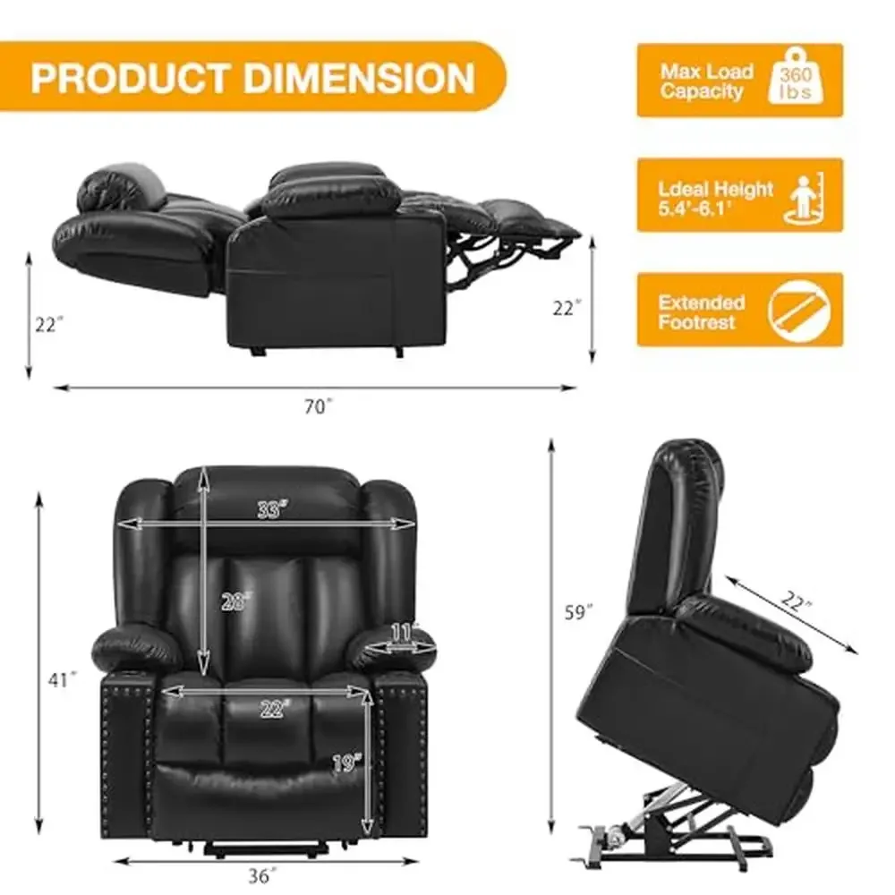 Large Lift Recliner Chair Elderly Infinite Position Lay Flat Chairs with Heat Massage Triple Motor Extended Comfort USB Cup