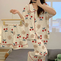 3Pcs set Women's Clothing four seasons Pajamas Short-Sleeved Pants Shorts Set Sweet And Cute Style Advanced Sense Of loungewear