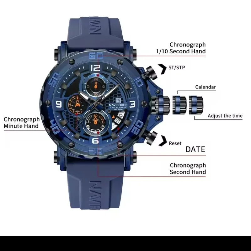 NAVIFORCE 7123 ساعة كوارتز رجالية فاخرة كرونوغراف التقويم مقاوم للماء سيليكون الرياضة والترفيه ساعة رجالي reloj hombre