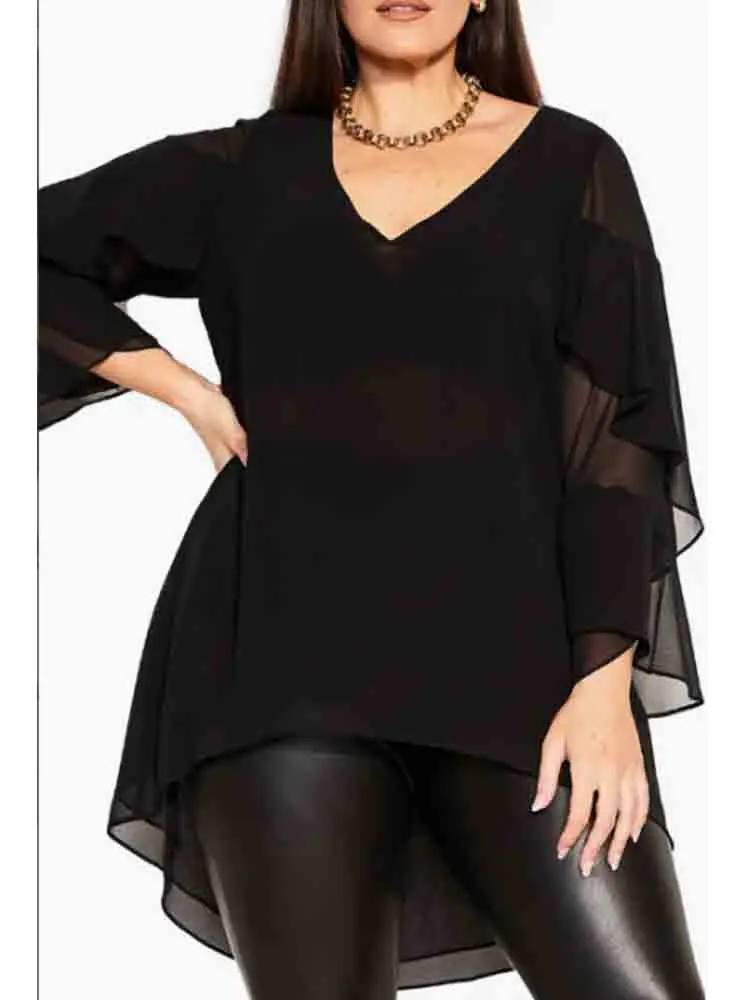 Kobiety Plus Size Szyfonowa koszulka Jesień Nowa moda Warstwowy top z falbanką Siatka Patchwork Asymetryczny dekolt w szpic Elegancka koszulka Top