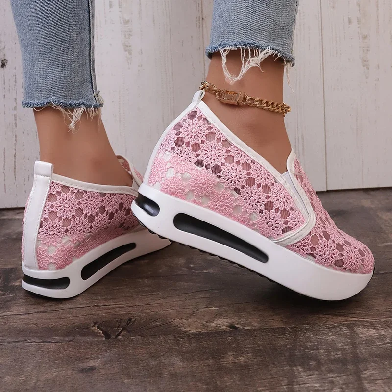 Con encaje blanco diseño De flores Zapatillas De deporte para Mujer 2025 otoño nueva malla transpirable Slip on mocasines De Mujer Zapatillas De Mujer