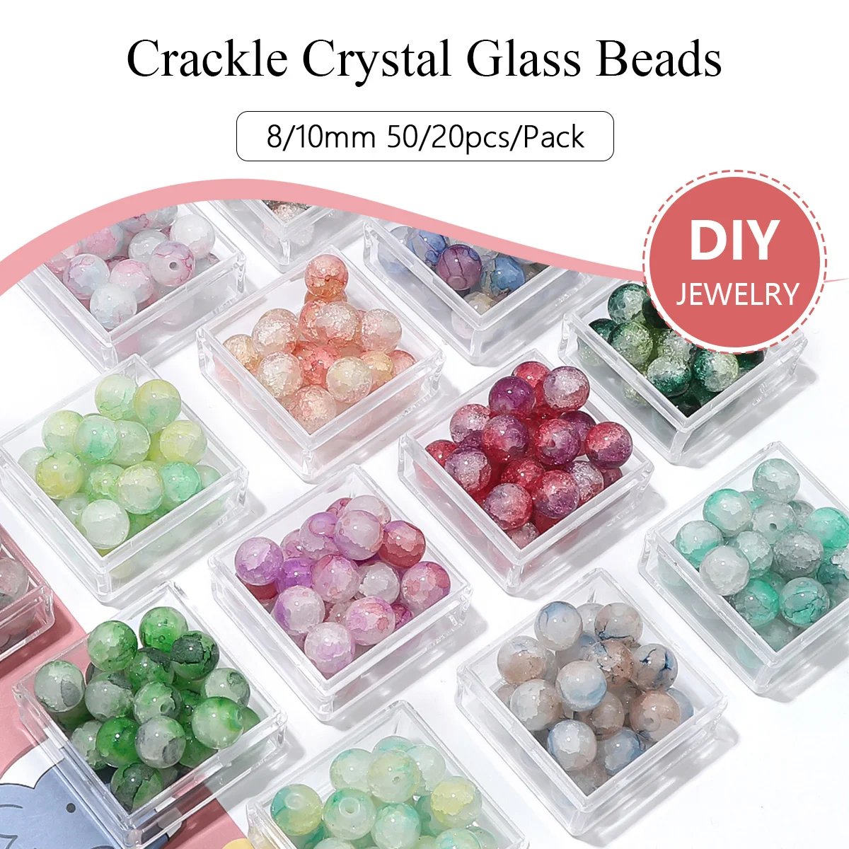 8/10mm Crackle Crystal Glass Round Beads Multicolor - DIY Jewelry Making (Bracelet/Necklace/Earring) Aperture 1mm 50/20pcs/Pack