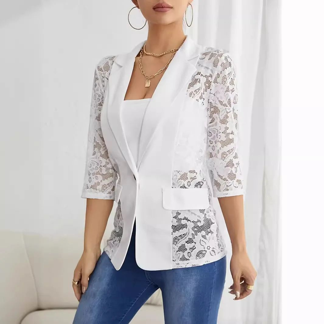 2025 Spring New Elegant Solid Color Fashion Lace Splicing Small Blazer Women's Tops Жакет Женский