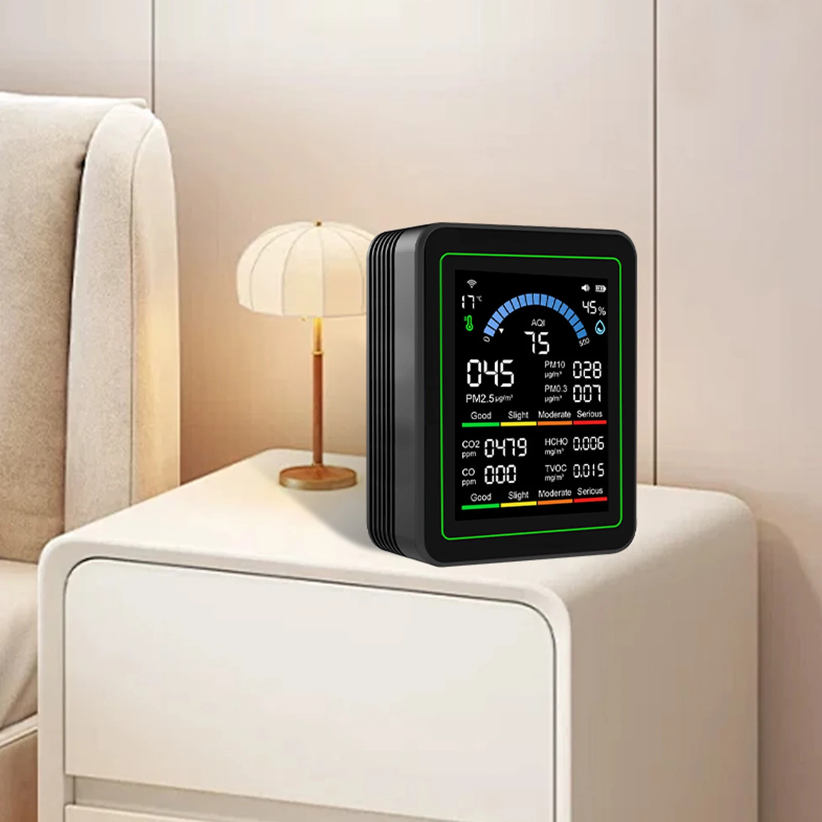 PM2.5 PM10 CO AQI CO2 TVOC HCHO 温度測定機能付き空気質テスター WiFiアプリによるPM2.5 PM10 CO AQIアラート機能付き 家庭用 車用 植物用 ペット用