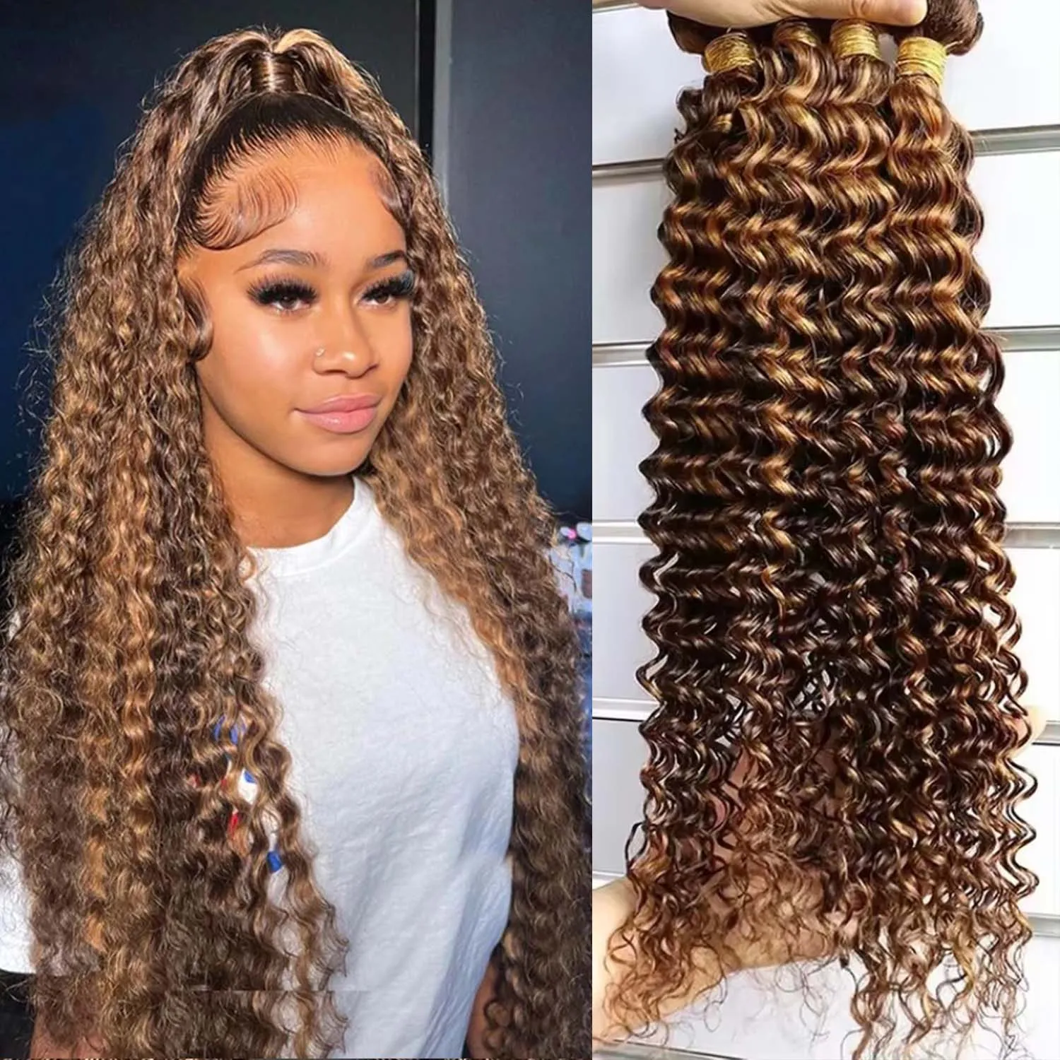 

P4/27 Пучки человеческих волос с глубокими волнами Выделенные темно-коричневые и медовые блондинки Волнистые волосы Пучок волос Выделите Коричневый цвет