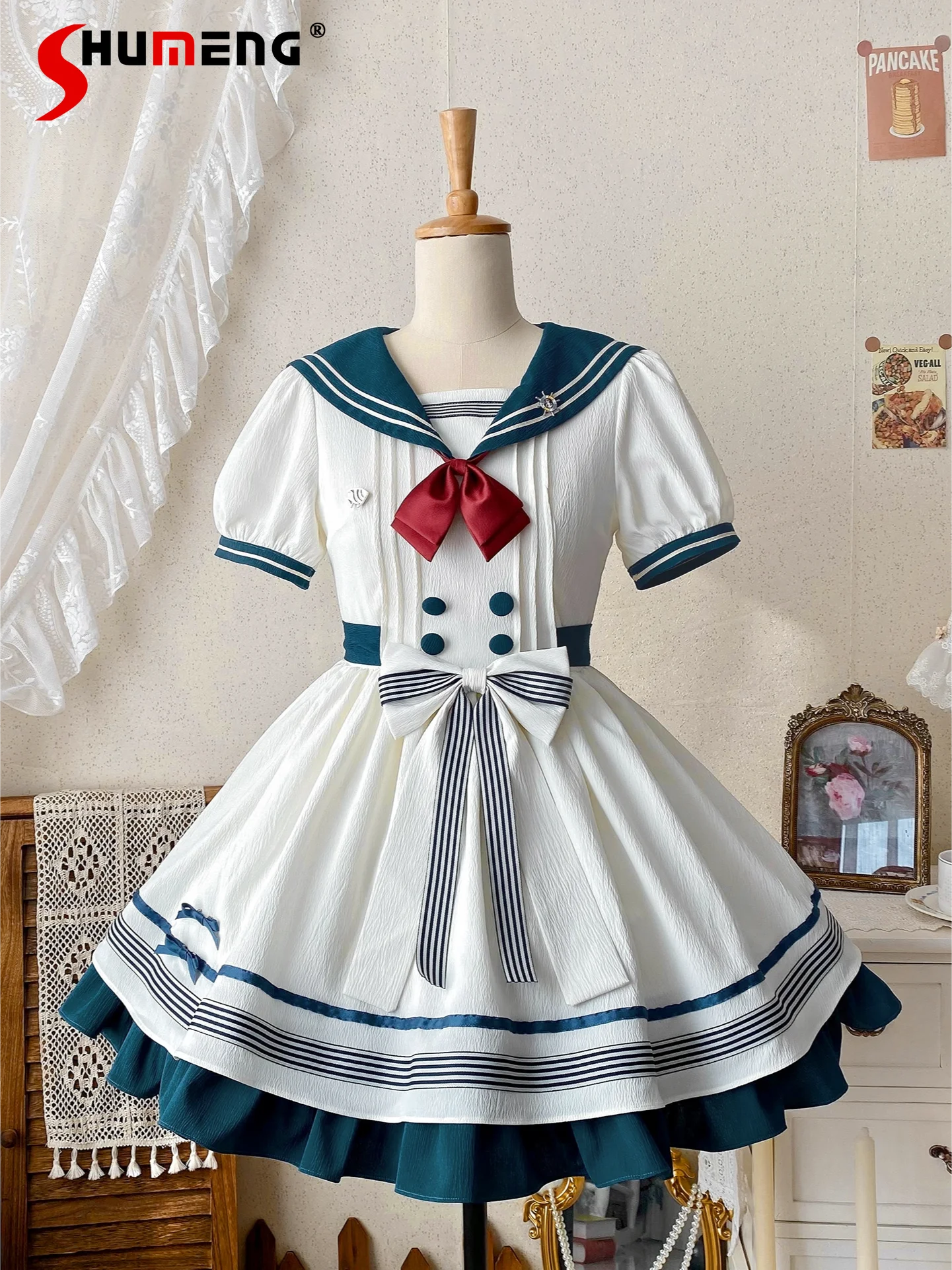 

Japanese Lolita Op Cute Sweet JK Dress Sailor Collar Short Sleeve Striped Bow High Waist A-Line Puff Short Dress Women Summer