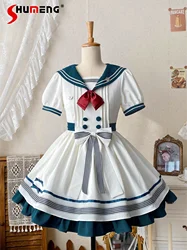 Japanese Lolita Op Cute Sweet JK Dress Sailor Collar Short Sleeve Striped Bow High Waist A-Line Puff Short Dress Women Summer