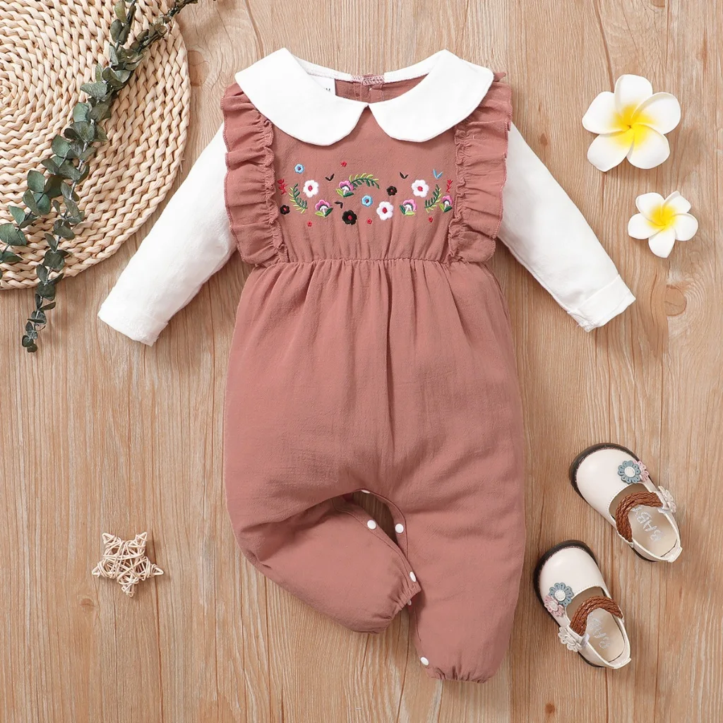 0-18 Months Newborn Baby Girl Long Sleeved Jumpsuit Embroidered Flower Baby Onesie Infant Crawling Suit Spring&Autumn Bodysuit
