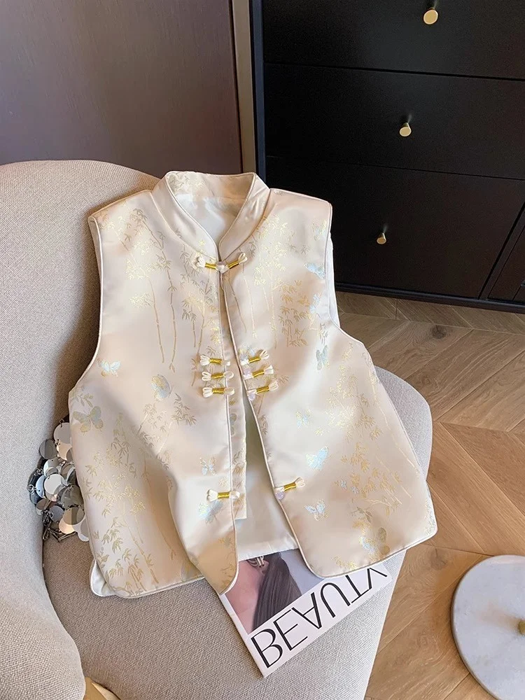 Nowa chińska kamizelka w stylu Tang z grubym haftem, stójką, luźnym krojem, dla mężczyzn i kobiet.