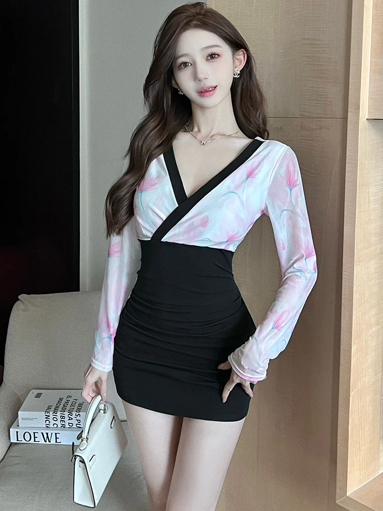 2025 القطن الأسود المرقعة الأزهار شبكة الخامس الرقبة فستان مثير المرأة أنيقة الورك التفاف فستان الخريف الشتاء الكورية موضة فستان كاجوال