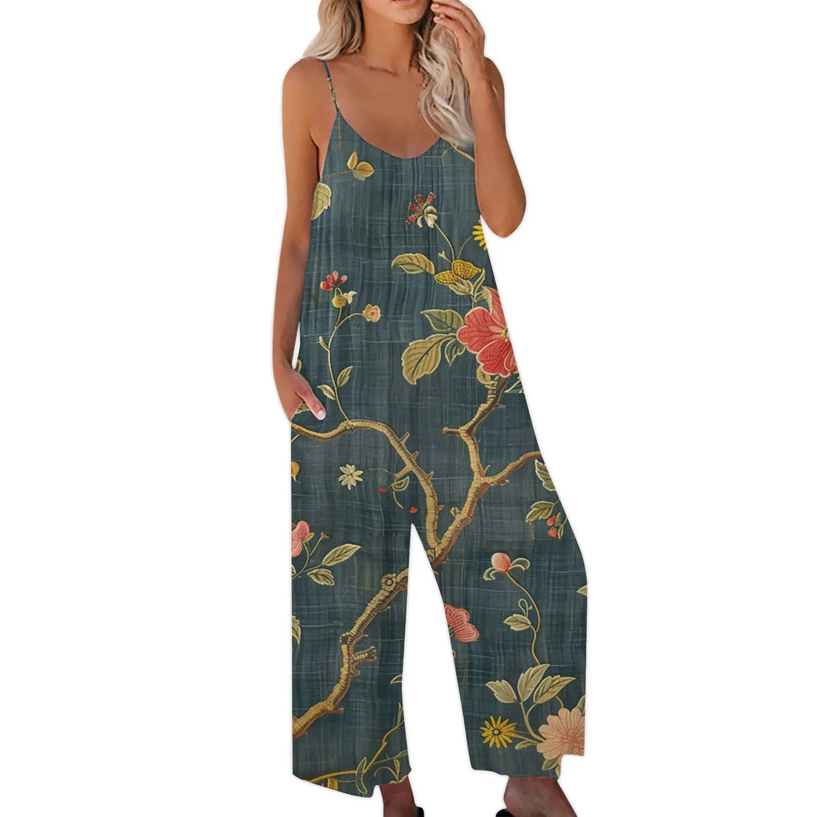 

Women Overall Pants Retro Floral Print Sleeveless Jumpsuit Suspender Trousers With Pockets Female Loose Jumpsuits Plus Size