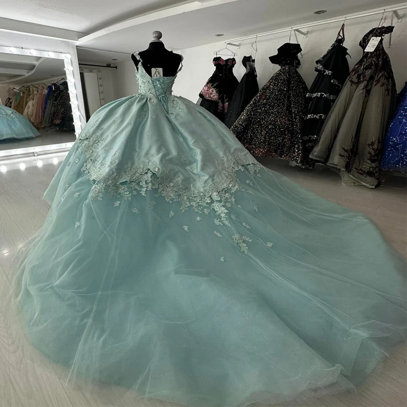 Aqua blau V-Ausschnitt Prinzessin Quince anera Kleider 2024 Applikationen Schnür korsett von der Schulter Vestidos de 15 Años Abschluss ball