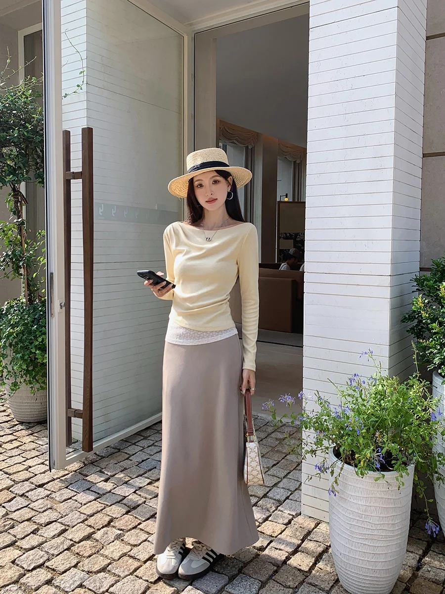 

Ms.Daoge Ele Long A-Line Skirt Women's High Waist Pleated Fall Winter New Sle Commute Friendly Polyester Fiber Skirt