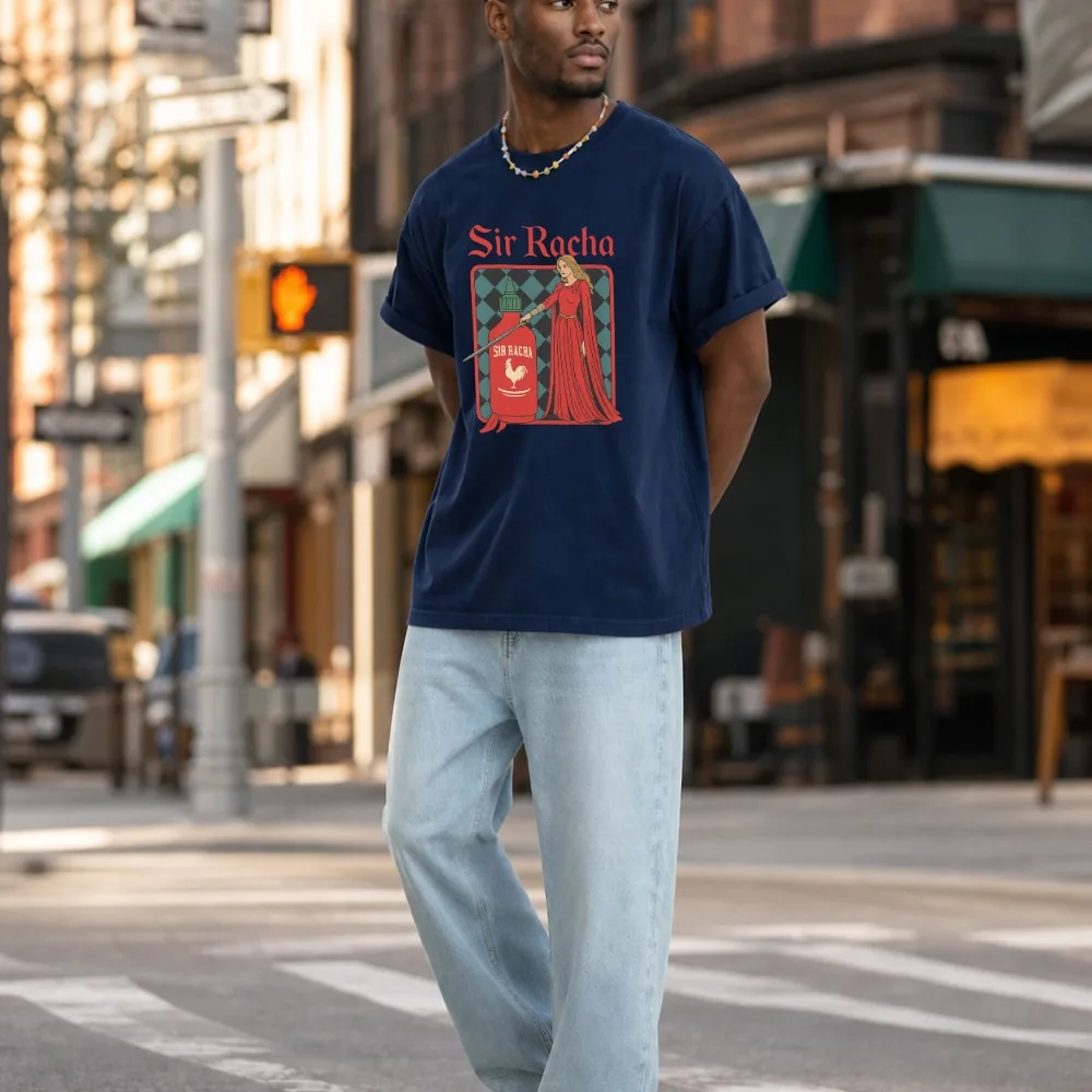 Funny Goods Oversized Medieval Sir Racha Graphic Tee Cotton T Shirt with Red Robe Rooster Logo Diamond Pattern Fun Meme Gift view 5