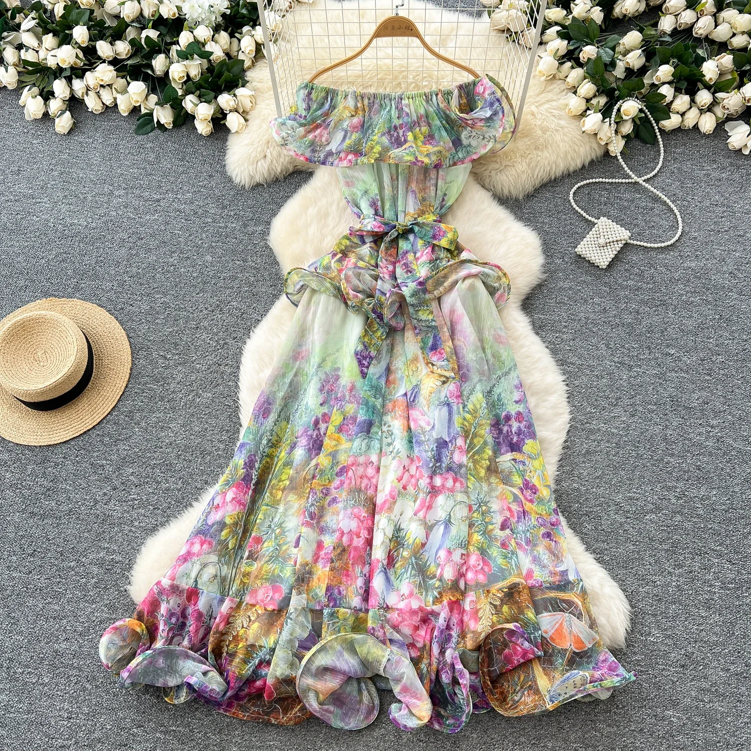 

Elegant Sleeveless Retro Off Shoulder Fashion Floating edge Print Slimming Long Dress Evening High Street Autumn Dress