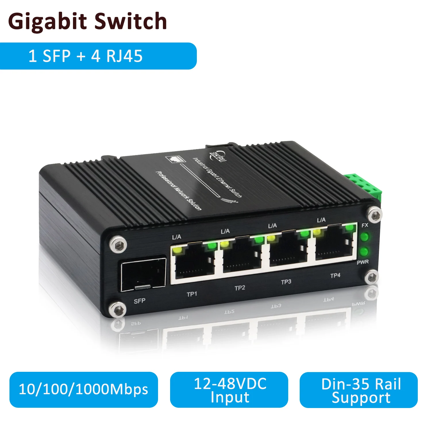 

Industrial 4-Port Gigabit Ethernet Switch with SFP Slot, 10 Gbps Switching Capacity, Plug & Play, Din-Rail Supporting