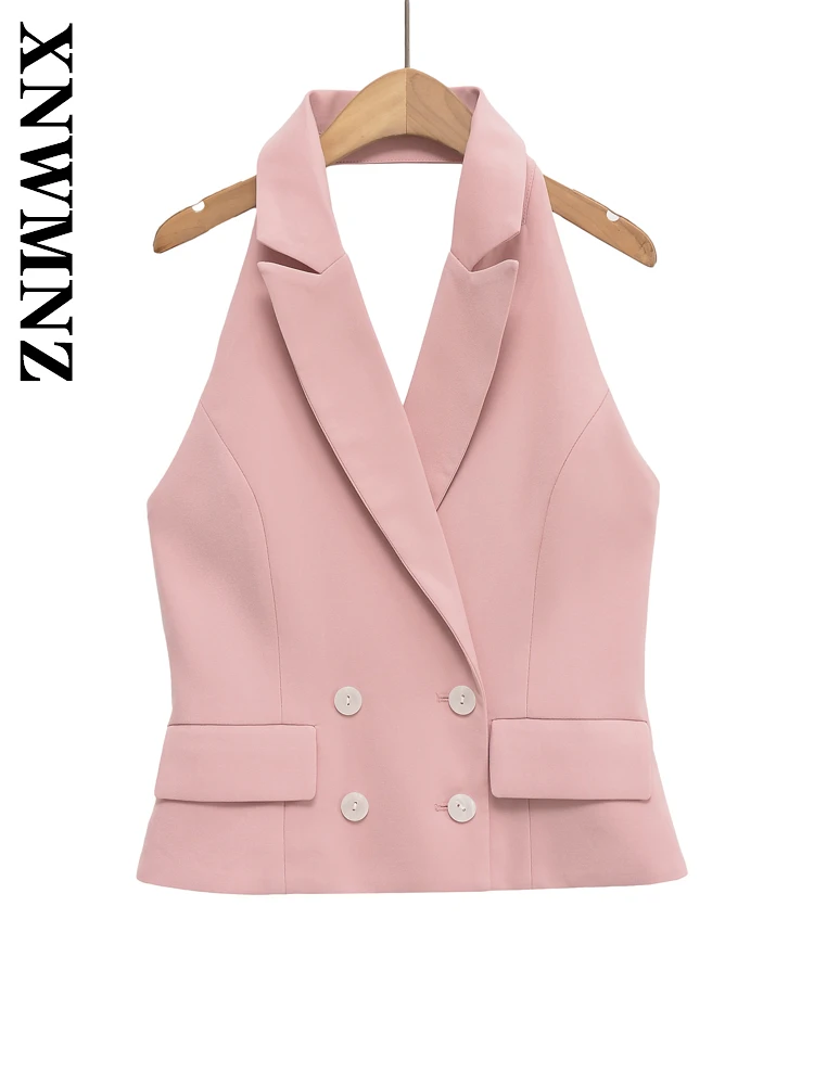 

XNWMNZ 2025 Summer Women Clothing Commuting Chic Notched Collar Halter Backless Gilet Fashion Lady Sleeveless Simple Shoulder