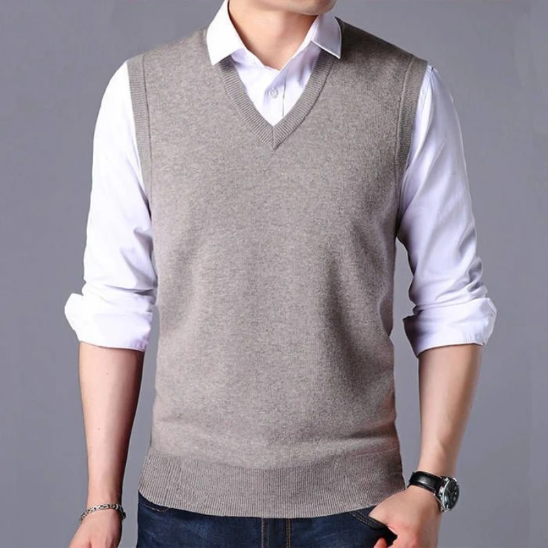 Men's V Neck Knitted Sweater Vest Middle Aged Solid Color Sleeveless Pullover Waistcoat Casual Spring Autumn Sweater Vest