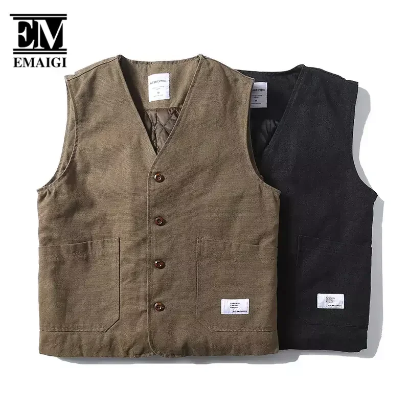 Winter Japan Korean Streetwear Vintage Quilted Cargo Vest Men Loose Cotton Sleeveless Coat Cityboy Vest Jacket Women Waistcoat