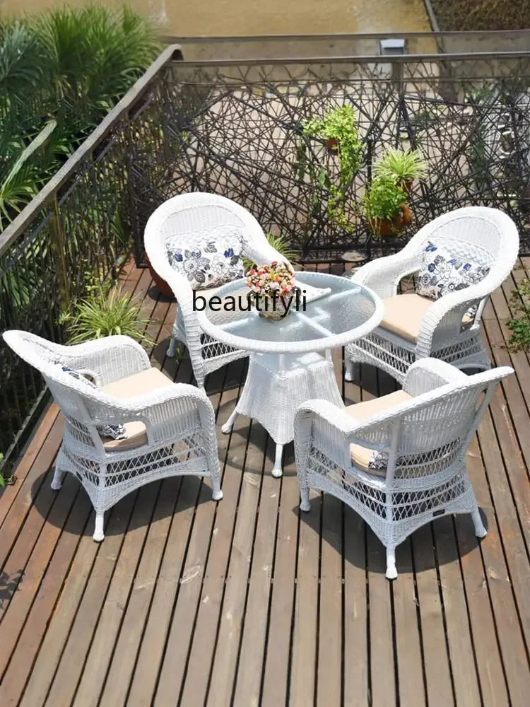 Outdoor tables and chairs White balcony Waterproof sunscreen rattan chair combination Leisure terrace   rattan furniture