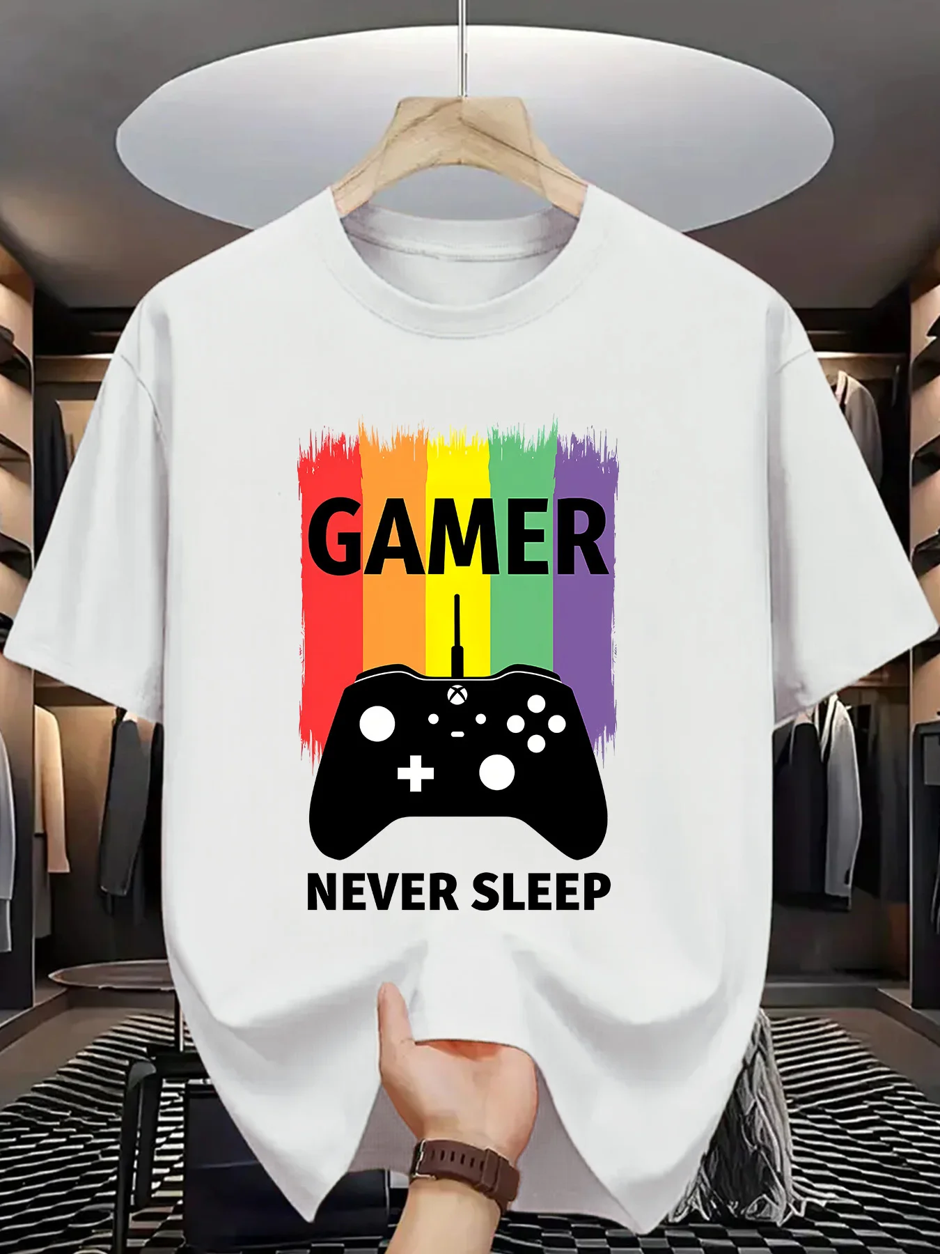Gamer Never Sleep Mens Crew Neck T Shirt Game Controller Rainbow Brush Stripes Gaming Graphic Short Sleeve Casual Street Tops