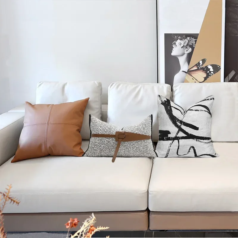 Modern Living Room Sofa Leather Cushion Cover Black White Thousand Bird Pattern Bedside Simple Backrest Sample Room Pillow Cover