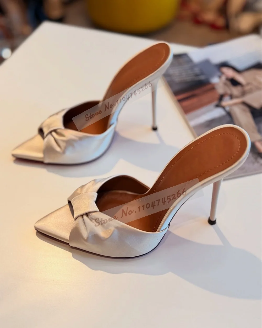

Champagne Satin Cloth Butterfly-Knot High Heel Mules Pointed Toe Stiletto Heel Outside Modern Slippers Elegant Slip-On Sandals