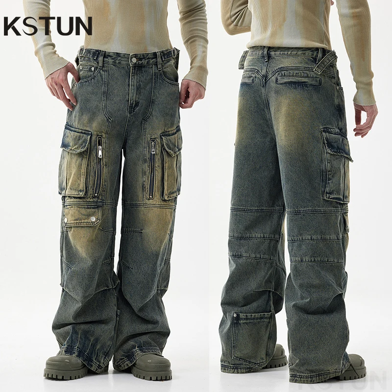 

Cargo Jeans Men Baggy Pants Loose Wide Leg Vintage Trousers Hip Hop Multi-Pockets Fashion Zippers Deisnger Trendy Moto Biker Man