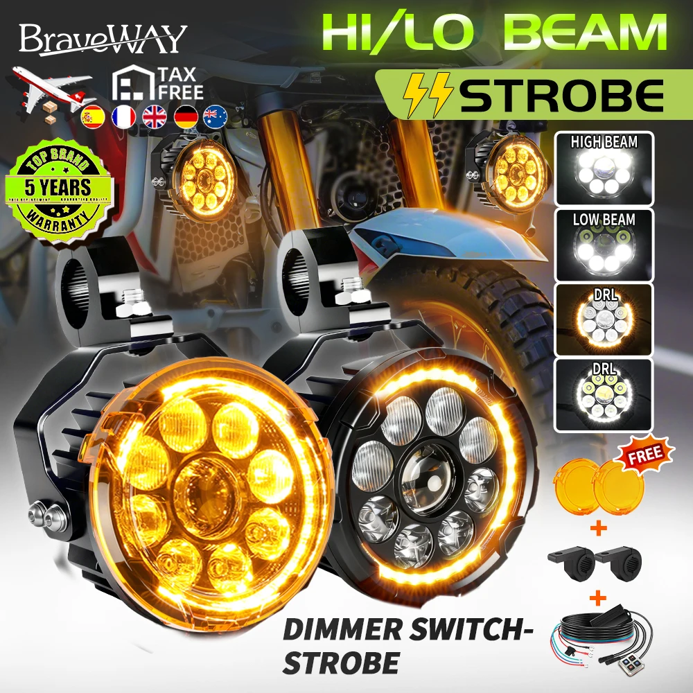 Braveway – projecteurs auxiliaires LED pour motos, 5 pouces, phares antibrouillard supplémentaires, DRL, clignotant blanc ambre, accessoires pour GS 1200