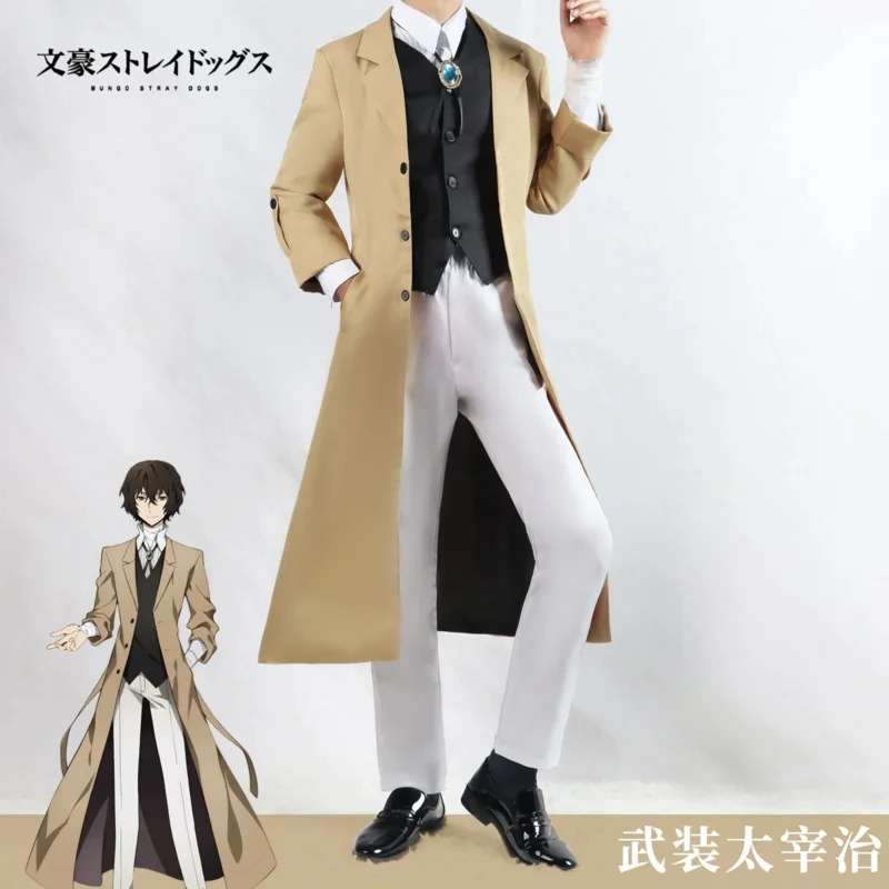 Anime Bungo Stray Dogs Dazai Osamu Costume Cosplay Giacca lunga Cappotto Trench Adesivo Fasciatura Abiti Uniforme Abiti di Halloween