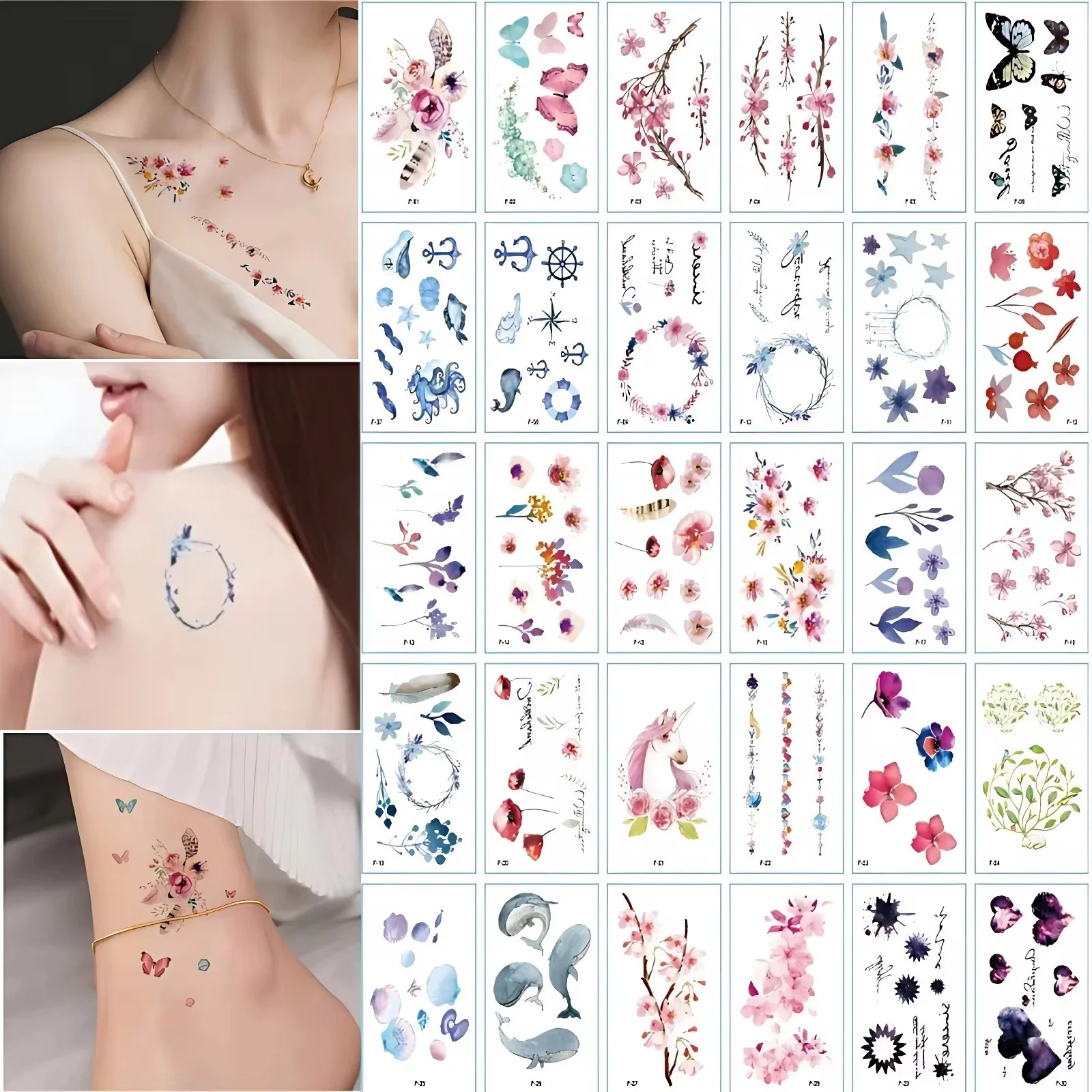 30pcs/pack Tattoos Temporary Waterproof for Women Girls Flower Garland Butterfly Tiny Sea Shell Anchor Tattoo Sticker Feet Thigh