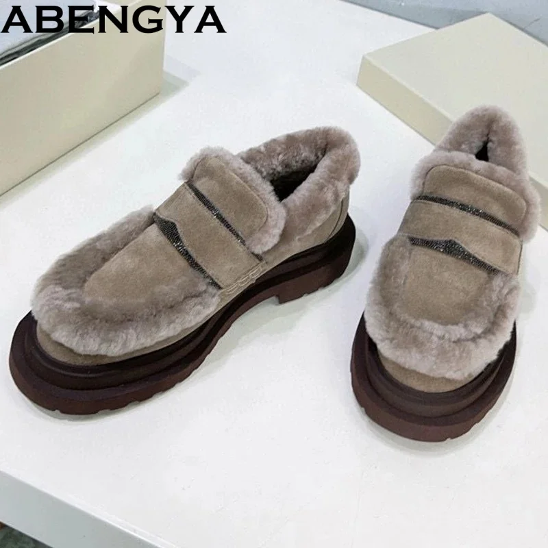 

Winter Wool Warm Loafers Women Platform Sneakers Slip On Walk Fur Shoes Ladies Cow Leather Thick Sole Casual Shoes For Woman